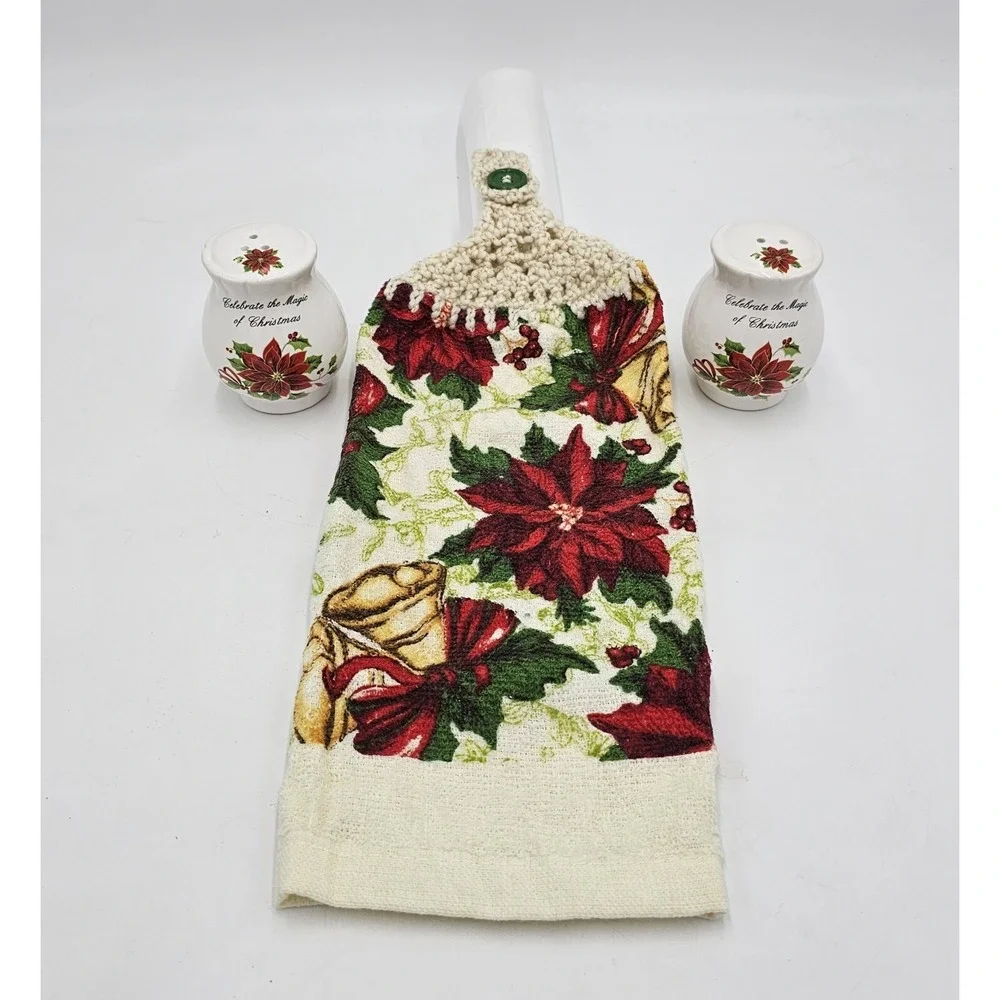 Christmas Holiday Poinsettia Salt Pepper Shaker Set with Matching Kitchen Towel